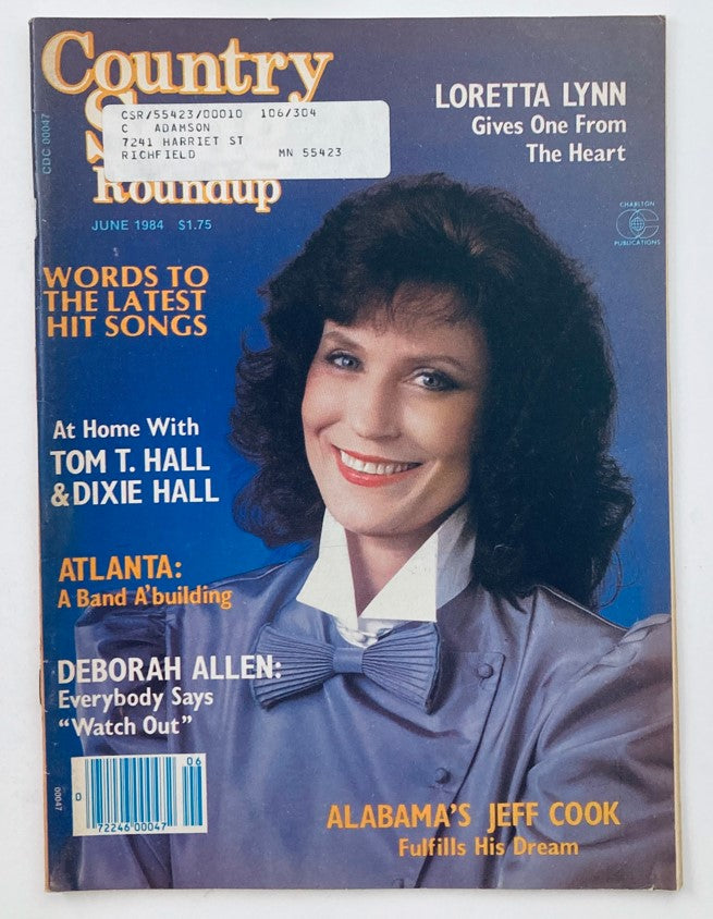 Cover of VTG Country Song Roundup Magazine June 1984 featuring Loretta Lynn and Alabama's Jeff Cook, showcasing highlights like 'Words to the Latest Hit Songs' and an illustration of Loretta Lynn.