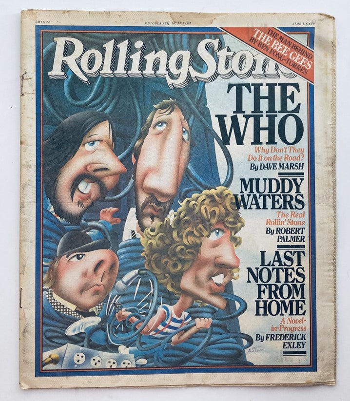 Vintage Rolling Stone Magazine cover from October 5, 1978 featuring The Who and The Bee Gees, showcasing caricatures of band members along with article previews about Muddy Waters and a novel by Frederick Exley.