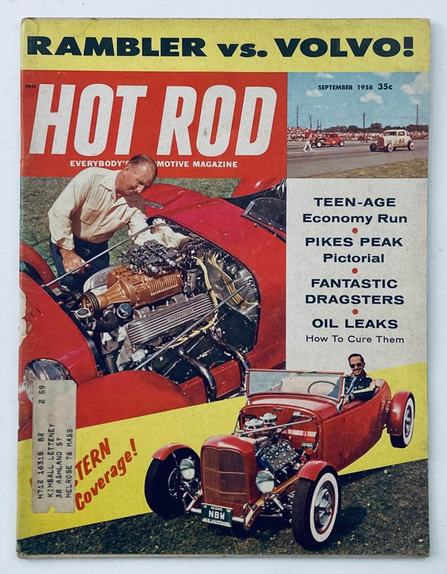 Cover of VTG Hot Rod Magazine September 1958, Vol 11 No. 9 featuring Pikes Peak Pictorial, showcasing a red hot rod and a man working on its engine, along with colorful graphics and article previews on topics like oil leaks and teenage economy run.