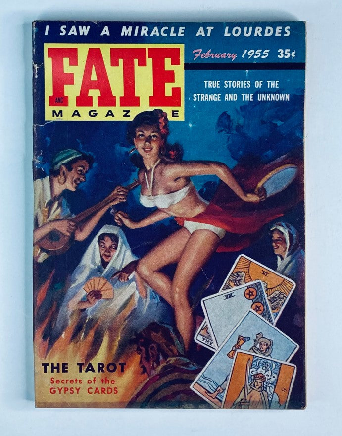 Fate Magazine February 1955 Volume 8 Number 2 featuring the cover story 'Secrets of the Gypsy Cards', showcasing a vintage illustration of a woman's portrait and mystical card reading elements, highlighting themes of fortune-telling and the occult.