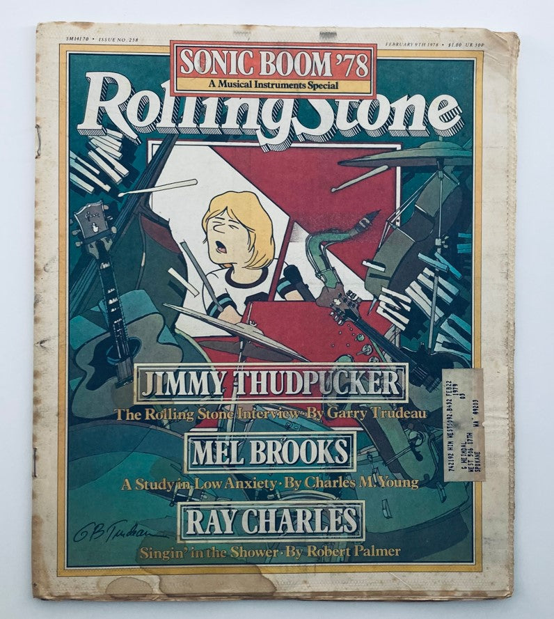 Rolling Stone Magazine cover from February 9, 1978, No. 258 featuring Jimmy Thudpucker with a colorful cartoon design, showcasing musical instruments and notable names like Mel Brooks and Ray Charles.