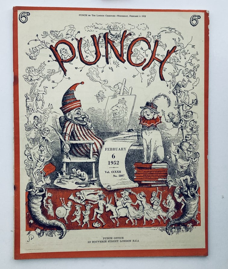 Cover page of Punch Magazine from February 6, 1952, Volume 222, No. 5807 features whimsical cartoons and a colorful illustration depicting humor from the WWII era.