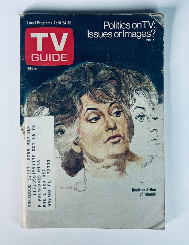 Cover of TV Guide Magazine April 24 1976 #1204 featuring Beatrice Arthur, highlighting her role on 'Maude', with a focus on the illustration and headlines discussing politics in television.