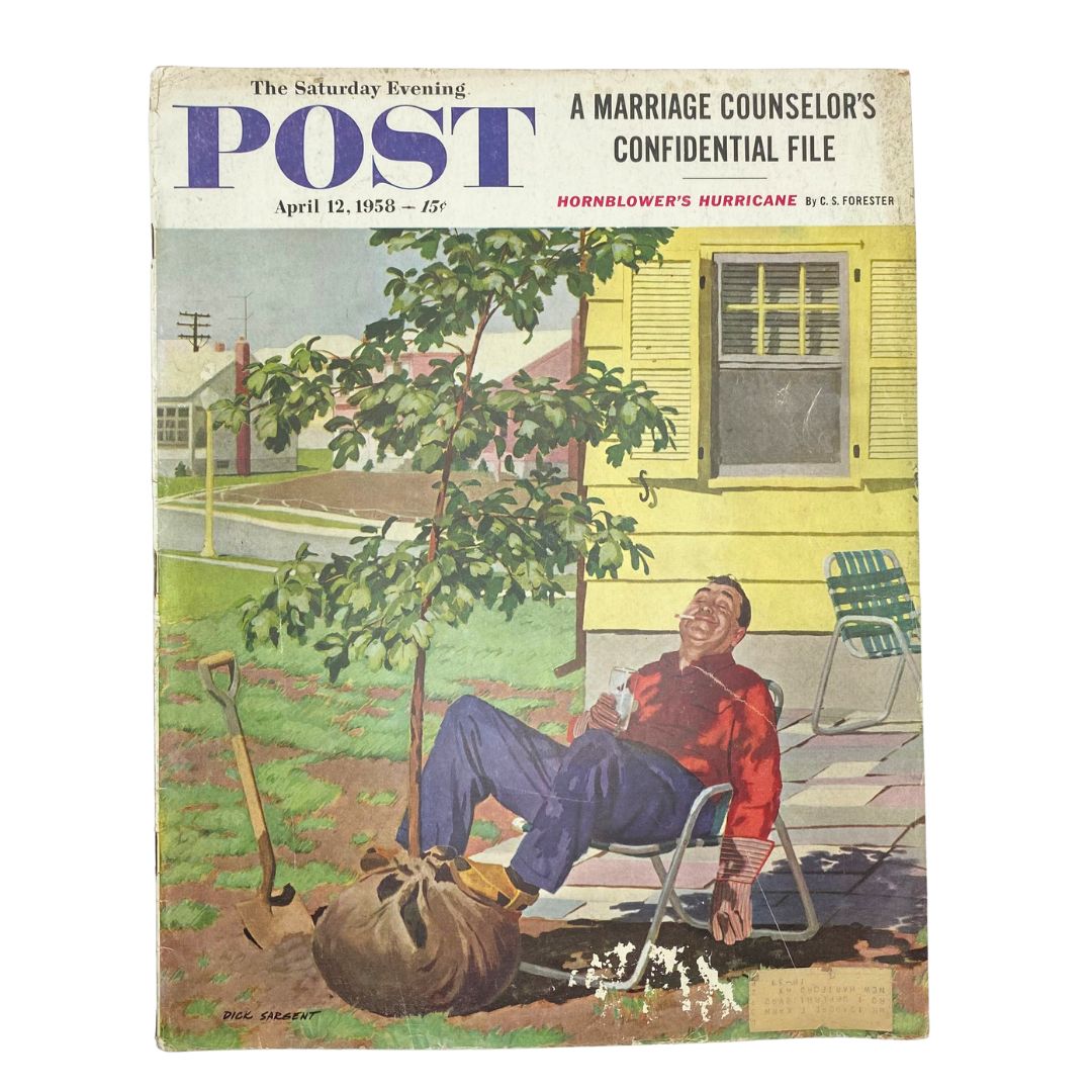 Cover of Saturday Evening Post Magazine from April 12, 1958, featuring a whimsical illustration titled Mr. Siesta by Dick Sargent, portraying a man relaxing under a tree on Arbor Day.