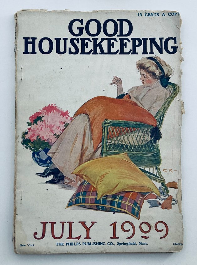 Cover of VTG Good Housekeeping Magazine July 1909 featuring a woman knitting in a peaceful setting, highlighting the role of women during the early 20th century.