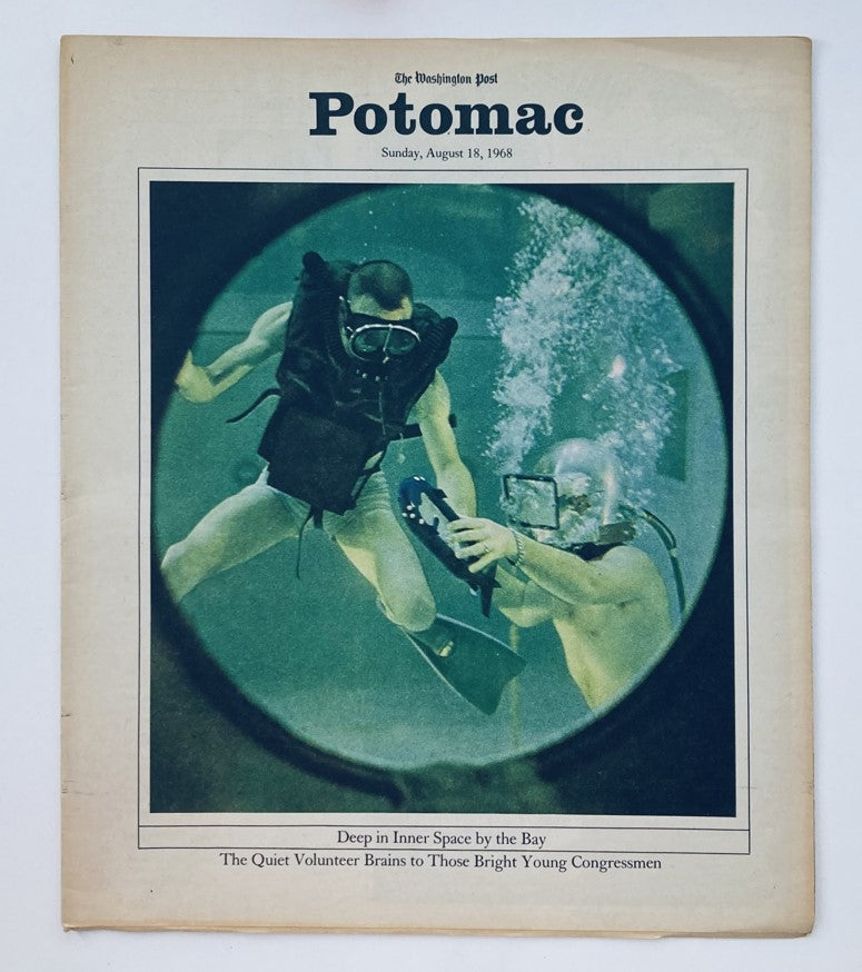VTG Washington Post Potomac Magazine Cover from August 18, 1968, featuring a captivating underwater scene titled 'Deep in Inner Space by the Bay'.