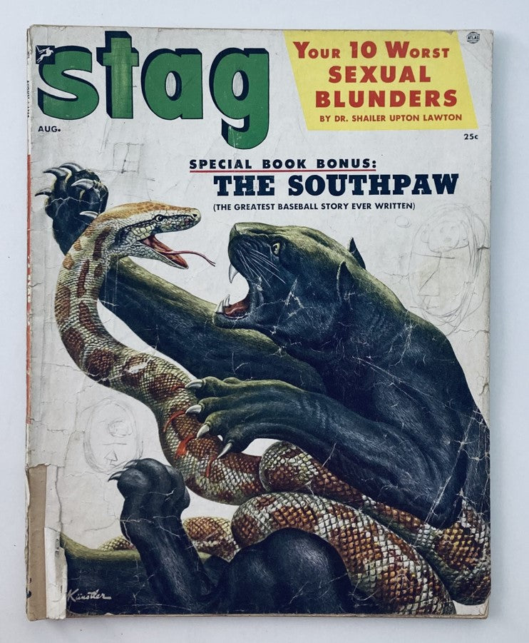 Cover of VTG Stag Magazine August 1954 featuring bold artwork of a black panther and a snake, with the title 'The Southpaw Story' displayed prominently.