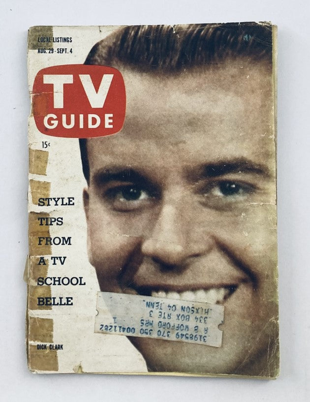 Cover of TV Guide Magazine dated August 29, 1959, featuring a smiling Dick Clark, with the headline 'TV Guide' and local listings information.