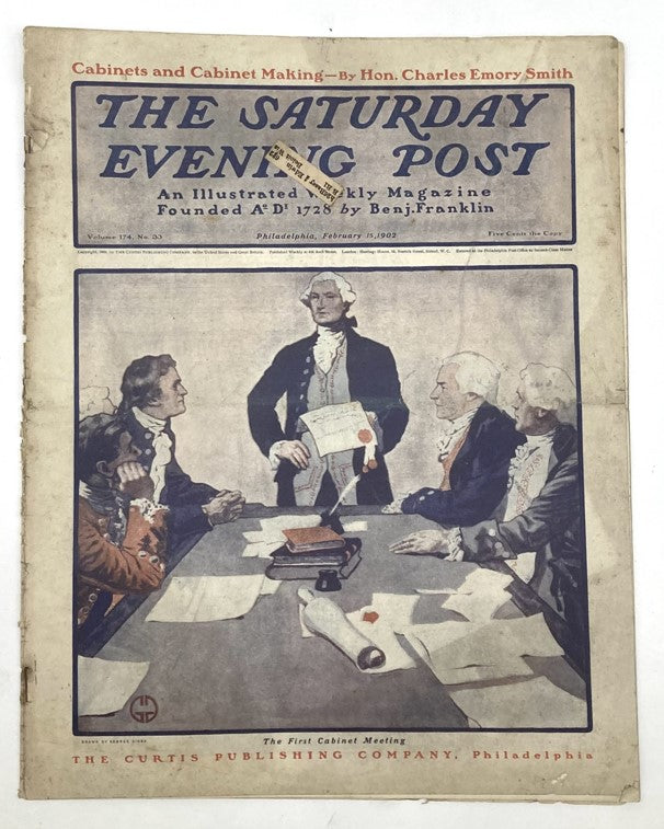 Cover of the Saturday Evening Post Illustrated Magazine from February 15, 1902, featuring 'First Cabinet' theme, showcasing early 20th-century artistry.