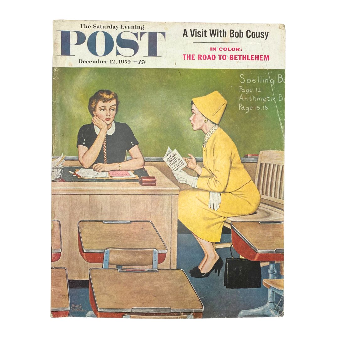 Cover of Saturday Evening Post Magazine, December 12, 1959, featuring an illustration titled 'Mrs. H & John' by Sewell, depicting two women at a desk and showcasing mid-20th century American art.