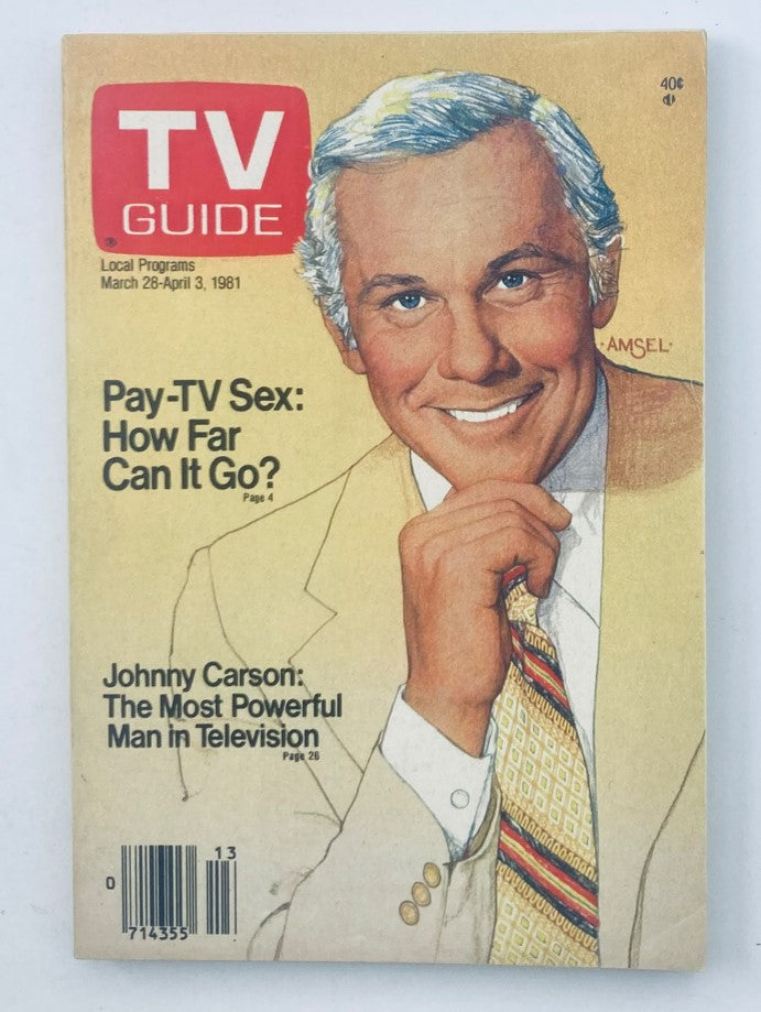 Cover of TV Guide Magazine March 28, 1981 featuring Johnny Carson, showcasing vintage television nostalgia with headlines on popular programs of the era.
