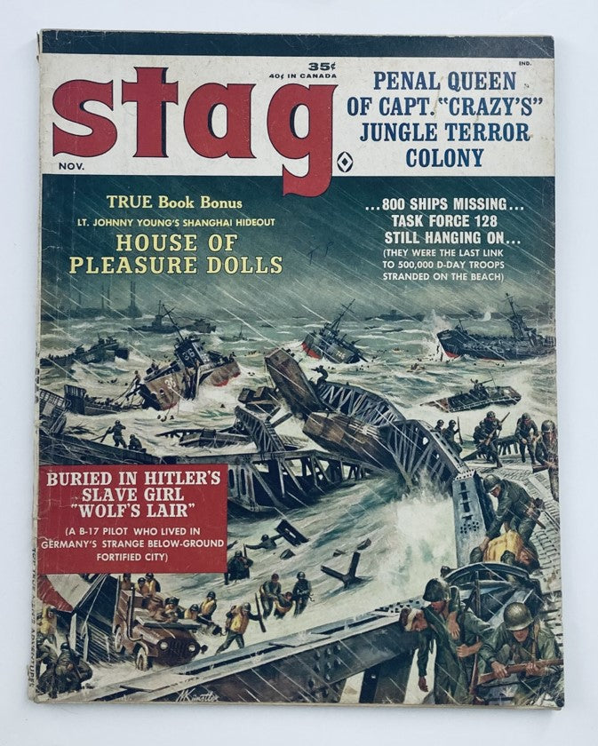 Cover of VTG Stag Magazine November 1962 featuring 'House of Pleasure Dolls' with a dramatic illustration of war scenes.