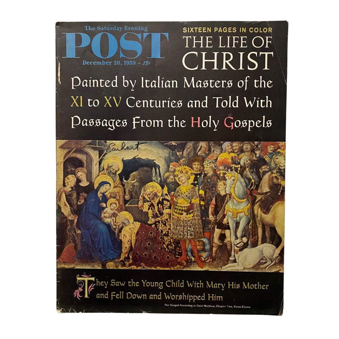 Cover of the Saturday Evening Post Magazine December 26, 1959, featuring an artwork titled 'The Life of Christ,' depicting scenes from the XI to XV centuries by Italian Masters.