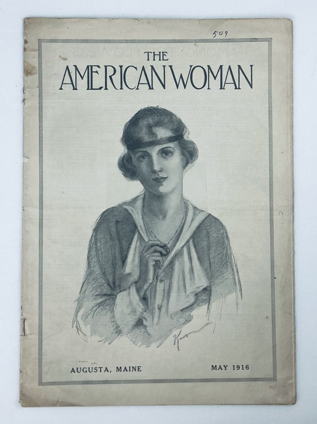 Cover of VTG The American Woman Magazine May 1916 from Augusta, Maine featuring a portrait of a woman in vintage attire.