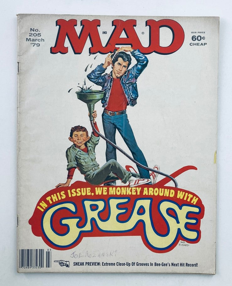 Mad Magazine March 1979 No. 205 cover featuring John Travolta and a humorous illustration related to the movie Grease.