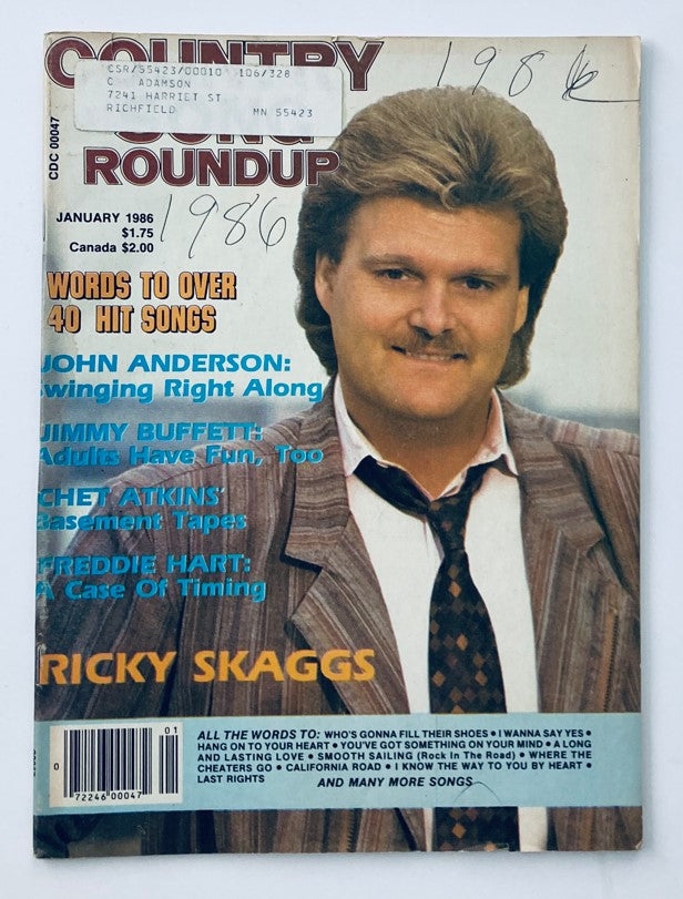 Cover of the January 1986 edition of Country Song Roundup Magazine featuring Ricky Skaggs and John Anderson, showcasing a vintage design with the headline 'Country Roundup' and details about prominent country music artists.
