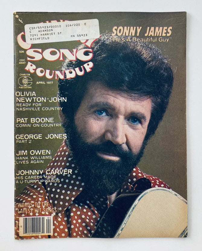 Cover of VTG Country Song Roundup Magazine April 1977 featuring Sonny James with the title and promotional text. Includes names of featured artists like Olivia Newton-John, Pat Boone, and George Jones.