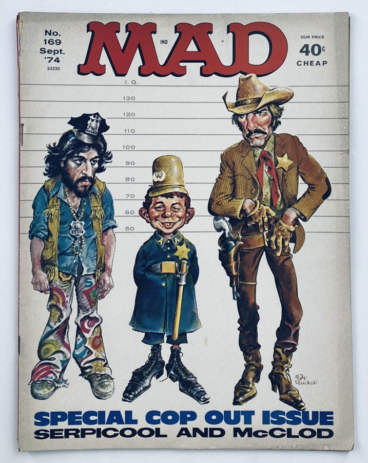 Cover of Mad Magazine, September 1974, No. 169 showcasing a humorous illustration featuring characters in a police lineup, labeled 'SPECIAL COP OUT ISSUE' along with the tagline 'Serpicool and McClod'.