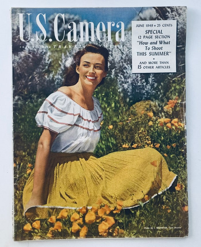 Cover of VTG U.S. Camera Magazine from June 1949, Vol 12 No. 6 featuring a woman in a white blouse and yellow skirt sitting amidst flowers, highlighting the theme of photography and creativity in that era.