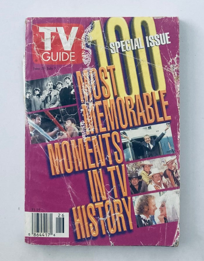 TV Guide Magazine June 29 1996 special issue featuring 100 most memorable moments in TV history. The magazine cover shows various images related to iconic television moments, with notable wear and creases, reflecting its vintage condition. Perfect for collectors interested in television memorabilia.