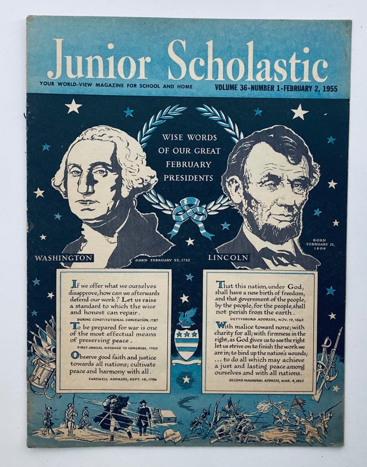 Cover of VTG Junior Scholastic Magazine February 2 1955 featuring portraits of Washington and Lincoln with historical quotes