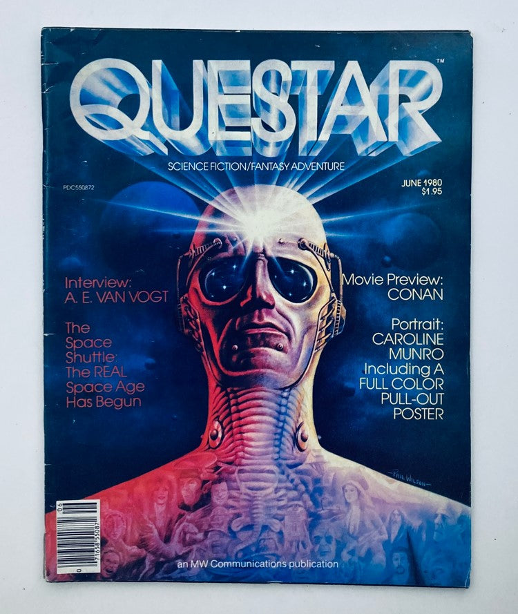 VTG Questar Science Fiction Magazine June 1980 cover featuring themes of The Space Shuttle, an interview with A. E. Van Vogt, and a movie preview of Conan. The magazine showcases vibrant artwork and highlights the excitement of space exploration in the 1980s.