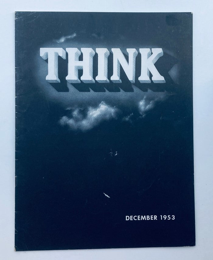 Cover of VTG Think Magazine December 1953, featuring bold 'THINK' title and cloud background, Vol 19 No. 12.