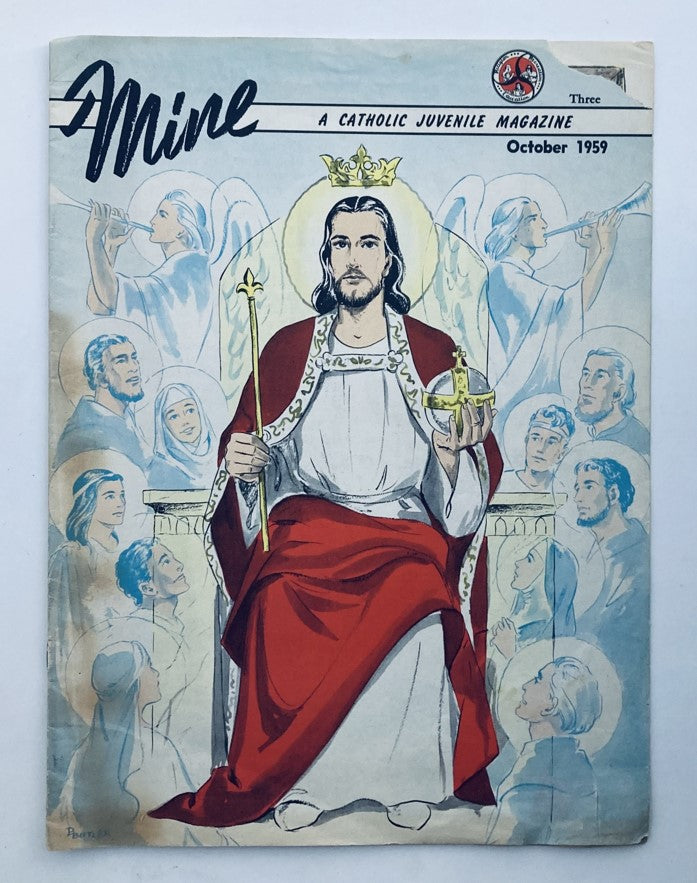 Mine A Catholic Juvenile Magazine October 1959 cover featuring a religious illustration of Jesus Christ surrounded by angels.