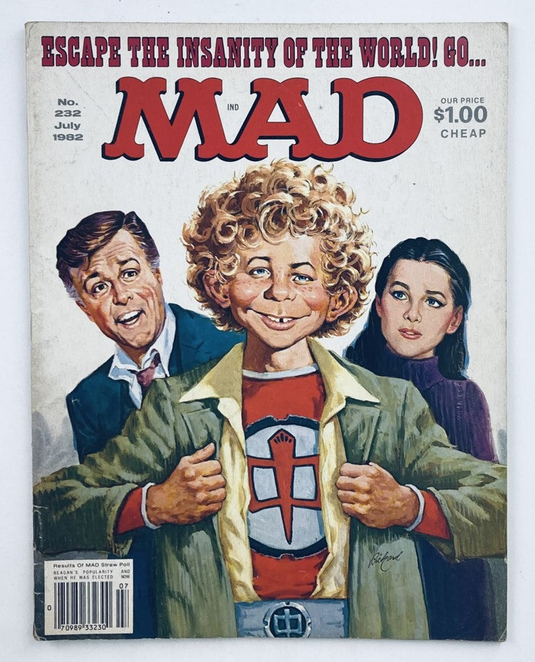 Cover of Mad Magazine July 1982 No. 232 titled 'The Greatest American Zero', featuring a cheerful character with curly hair in a green coat, standing between two figures.