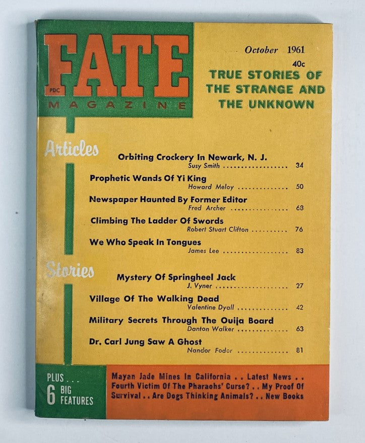 Cover of VTG Fate Magazine October 1961 Vol 14 No. 10, featuring articles on paranormal topics including the 'Mystery of Springheel Jack.' The magazine is titled 'FATE' with a bright yellow background and lists featured stories and articles.