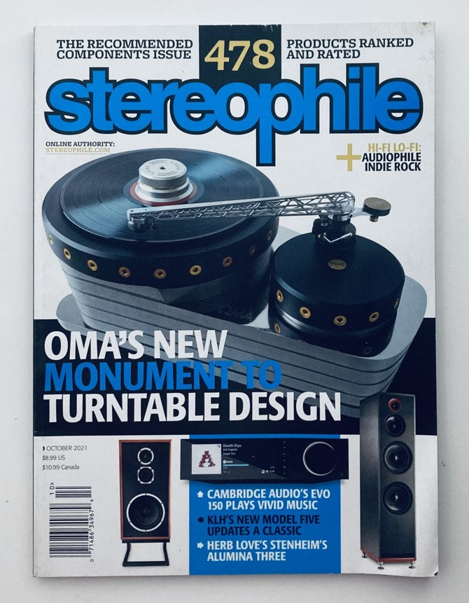 Cover of Stereophile Magazine - October 2021 Edition featuring a turntable design, a monument to turntable technology, and audio equipment visuals.