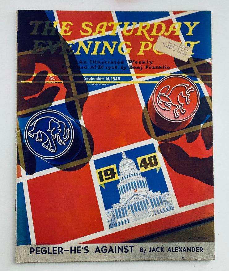 The Saturday Evening Post Magazine September 14, 1940 cover featuring a vibrant design with political symbols and the iconic U.S. Capitol building, illustrating the magazine's historical significance.