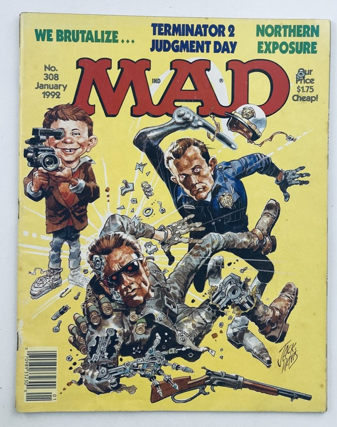 Mad Magazine January 1992 No. 308 featuring Arnold Schwarzenegger on the cover, showcasing a humorous illustration related to Terminator 2 and popular culture.