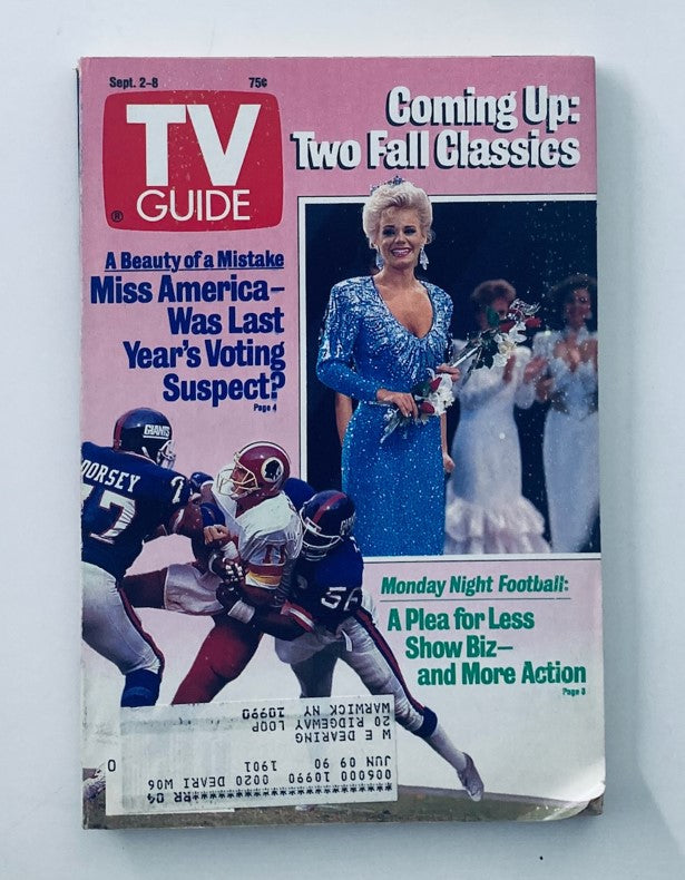 Cover of TV Guide Magazine September 2 1989 featuring Gretchen Carlson, including the title "Coming Up: Two Fall Classics" and images of football players tackling.