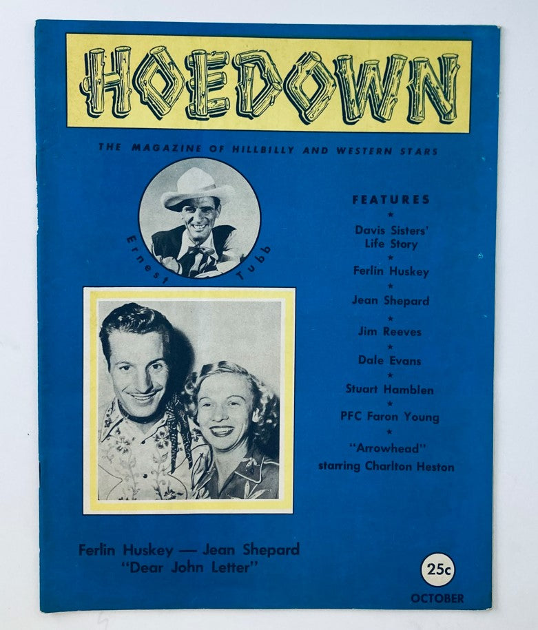 Cover of the VTG Hoedown Magazine October 1953, Volume 1, Number 2 featuring Ferlin Huskey and Jean Shepard, highlighting country music culture.