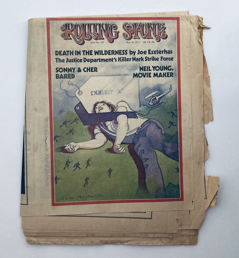 Vintage Rolling Stone Magazine May 24 1973 Issue 135 featuring the cover art showcasing Sonny & Cher and an illustration related to an article inside.