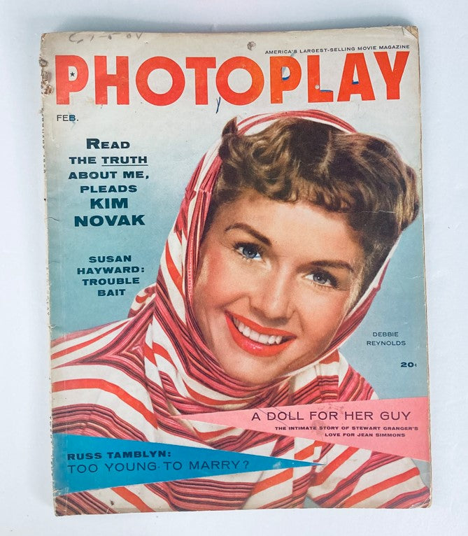 VTG Photoplay Magazine February 1956 featuring Debbie Reynolds on the cover, showcasing vibrant colors and vintage Hollywood glamour.