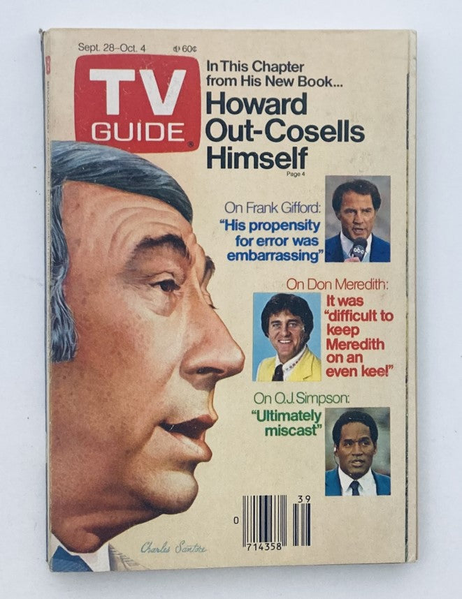 Cover of TV Guide Magazine from September 28, 1985 featuring Howard Cosell, showcasing an illustration of his profile alongside highlights from his chapter in the magazine.