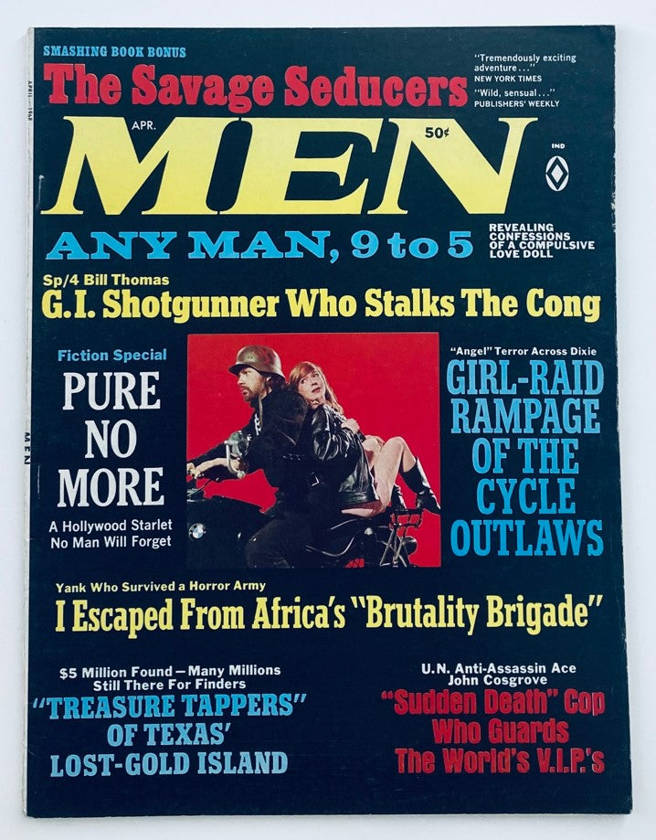 Vintage Men Magazine April 1968 Volume 17 Issue 4 featuring the article 'G.I. Shotgunner Who Stalks The Cong' with visually striking cover design and historical themes.