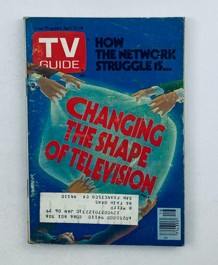 Cover of TV Guide Magazine April 22, 1978, #1308 featuring the title 'How The Network Struggle Is... Changing The Shape of Television'. The design showcases hands interacting with a metaphorical depiction of television evolution, symbolizing the competition among networks during the late 1970s.