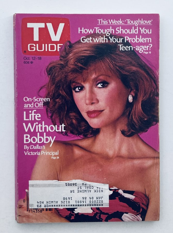 TV Guide Magazine cover from October 12, 1985 featuring Victoria Principal, highlighting the theme 'Life Without Bobby'.