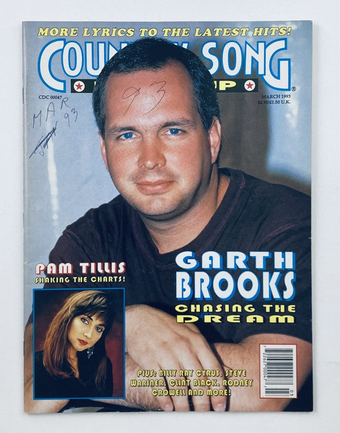 Cover of VTG Country Song Roundup Magazine March 1993 featuring Garth Brooks and Pam Tillis. The magazine highlights Garth Brooks with the text 'Chasing the Dream' and Pam Tillis with 'Shaking the Charts'. This collectible magazine represents the vibrant 90s country music scene.