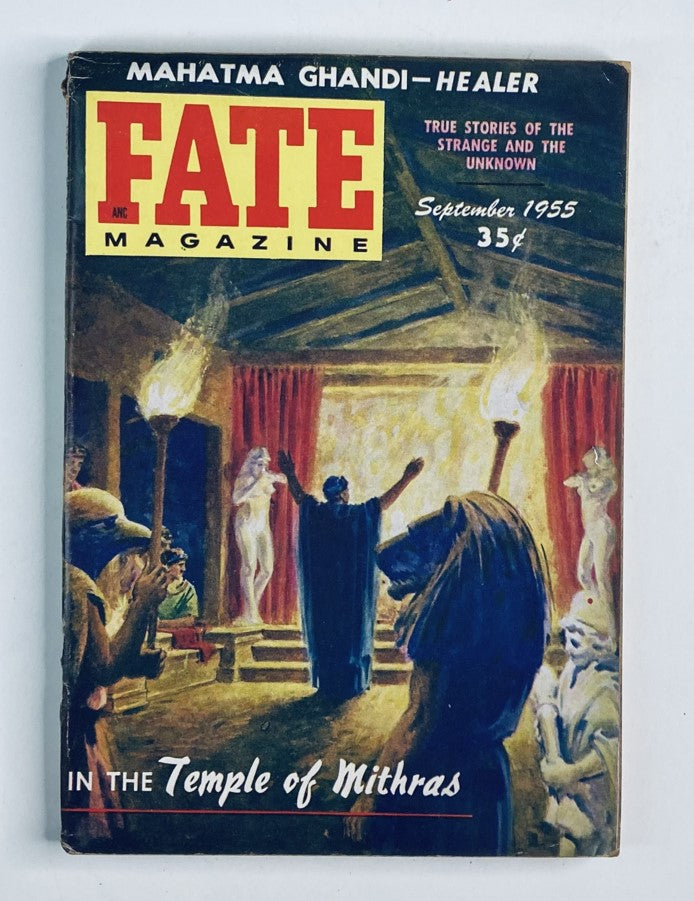VTG Fate Magazine September 1955, Issue No. 66, featuring the article 'In The Temple of Mithras' with a captivating cover illustration depicting a mystical scene.
