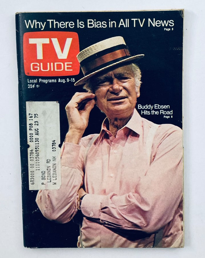 Cover of TV Guide Magazine August 9 1975 featuring Buddy Ebsen, highlighting television news bias article, New Hampshire edition.