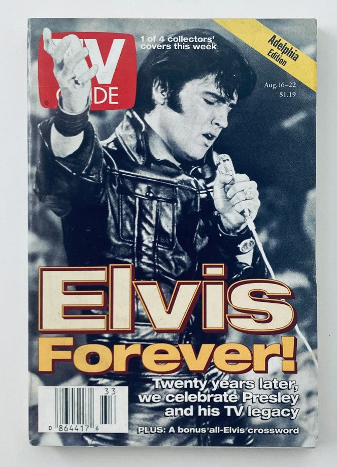 Cover of TV Guide Magazine from August 16, 1997 featuring Elvis Presley with the title 'Elvis Forever!'. Highlights the celebration of Presley and his TV legacy, labeled as the Adelphia Southeast Florida Edition.