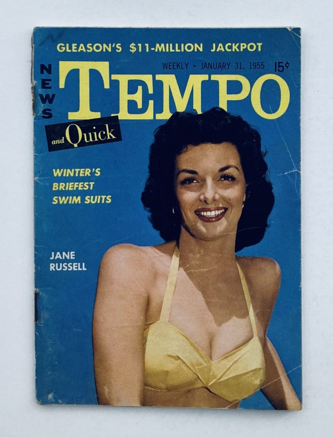 Cover of VTG Tempo & Quick Magazine January 31 1955 Vol 4 No. 5 featuring Jane Russell in a yellow bikini, highlighting vintage 1950s Hollywood style.