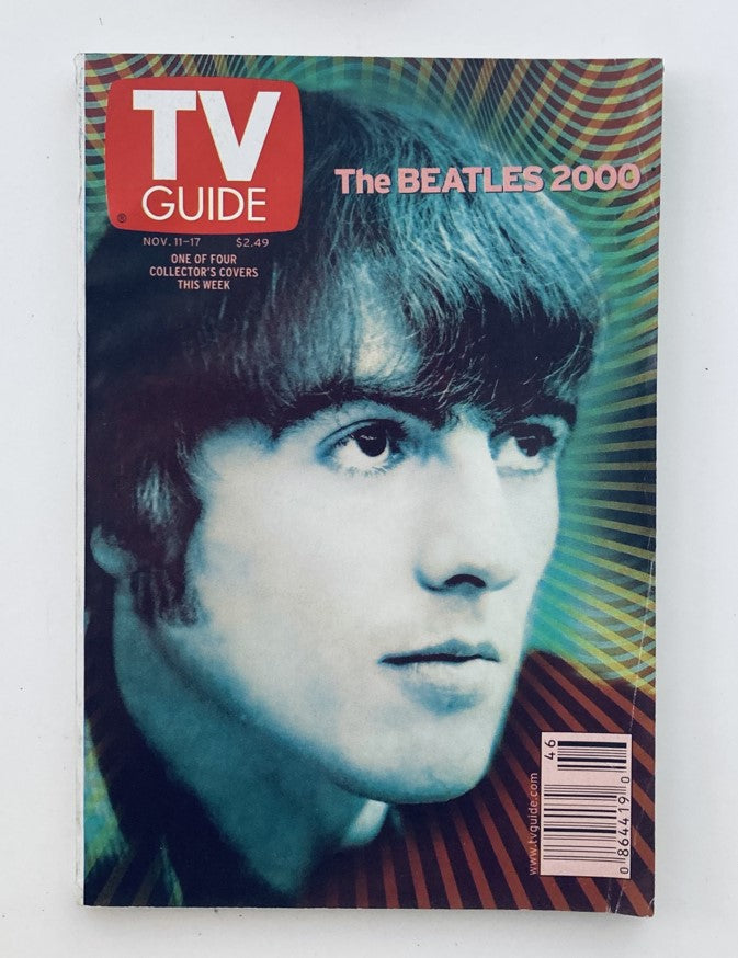 Cover of TV Guide Magazine dated November 11, 2000 featuring George Harrison, showcasing his iconic image and highlighting The Beatles influence on pop culture.