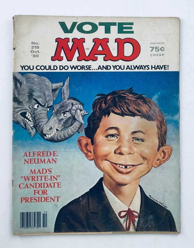 Mad Magazine October 1980 No. 218 cover featuring Alfred E. Neuman as the write-in candidate for President, showcasing humorous political themes and iconic illustrations.