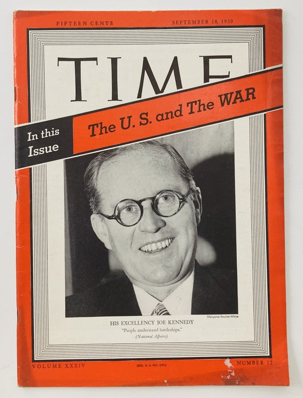 Vintage Time Magazine September 18, 1939, Vol 34 No. 12 featuring His Excellency Joe Kennedy on the cover, highlighting historical American politics.