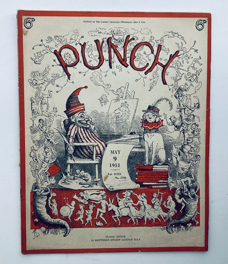 Cover of Punch Magazine from May 9, 1951, Volume 220, No. 5766 featuring colorful illustrations and humor related to WWII.